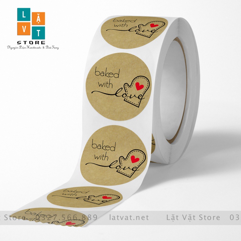 Tem tròn decal Baked with Love giành cho tiệm bánh, cảm ơn tri ân khách hàng, trang trí sản phẩm