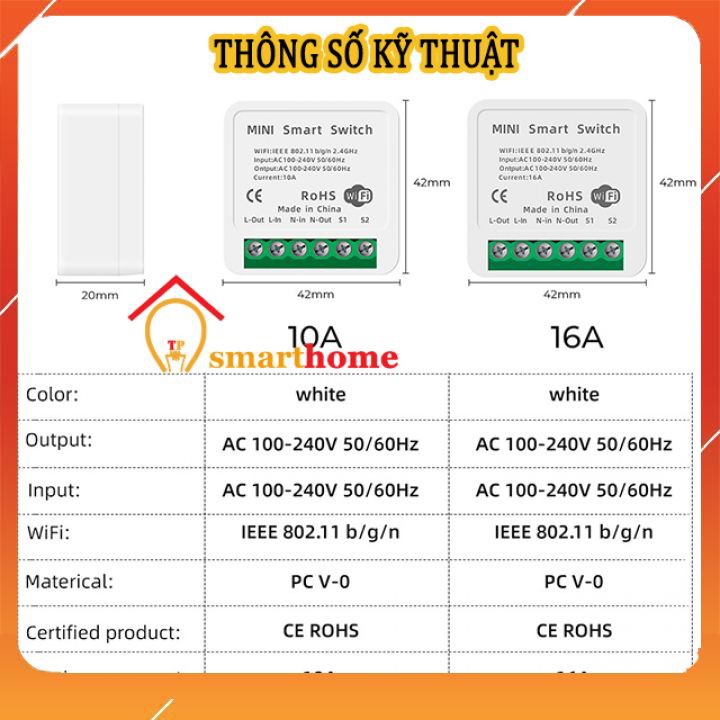 Công Tắc Wifi Tuya Mini 2 Chiều 10A, 16A Nhét Đế Âm Dùng Với Công Tắc Cơ, Dùng Được Cho Công Tắc Cầu Thang