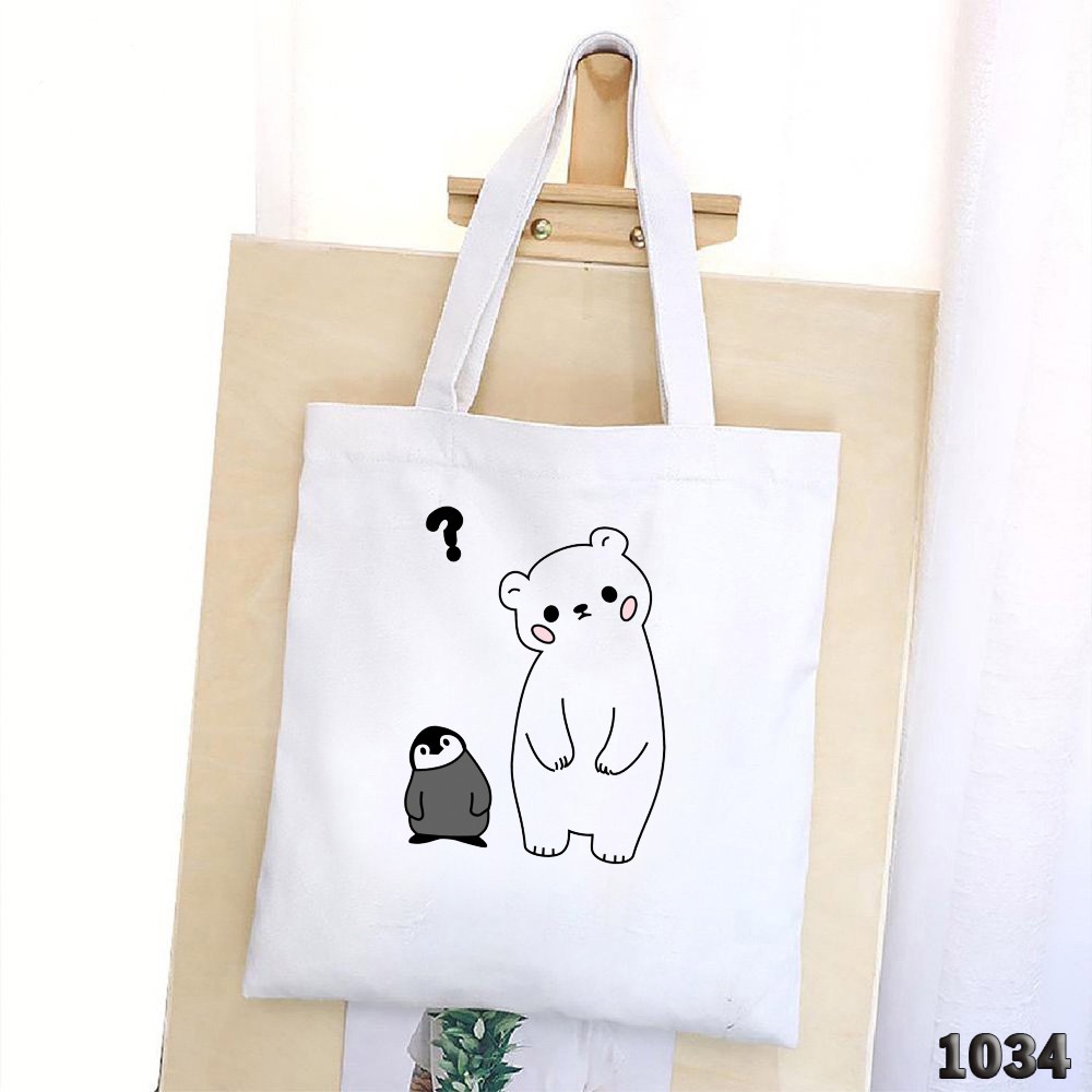 Túi Tote Trắng Chất Vải Canvas 507 1034 Gấu Và Chim Cánh Cụt Dễ Thương Hàng Chuẩn Đẹp - Hazo