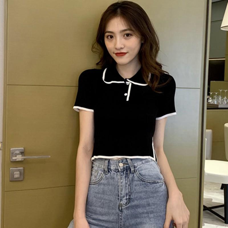 Áo thun nữ tay ngắn cổ bẻ phong cách thời trang Hàn Quốc