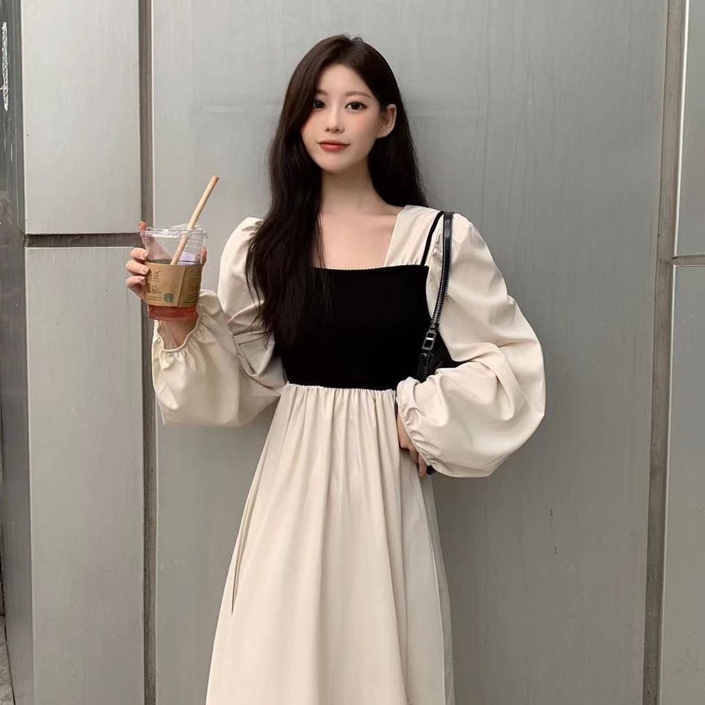 Đầm Ôm Eo Tay Dài Giả Hai Mảnh Màu Sắc Tương Phản Nhẹ Nhàng Phong Cách Thời Trang 2022