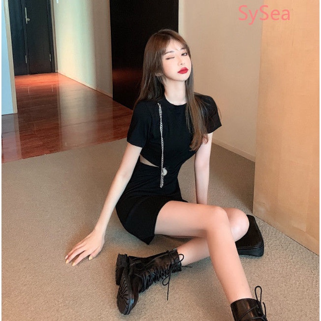 Đầm tay ngắn màu đen thiết kế cá tính thời trang mùa hè dành cho nữ