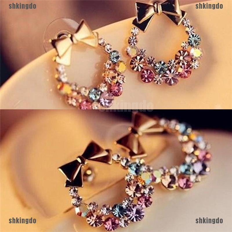 Khuyên tai vòng hoa nơ đính đá xinh xắn cho nữ