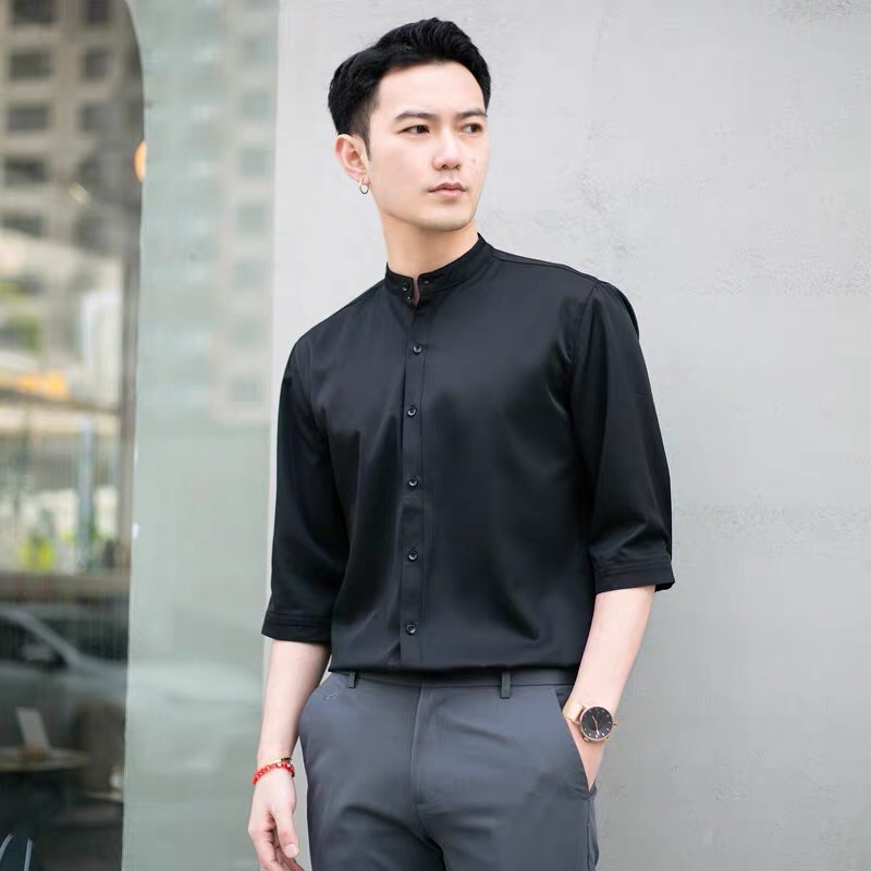 Sơ mi Nam Hàn cổ bẻ trắng ,đen - cổ tàu trắng ,đen hàng vải lụa cao cấp ôm dáng thời trang trẻ | BigBuy360 - bigbuy360.vn