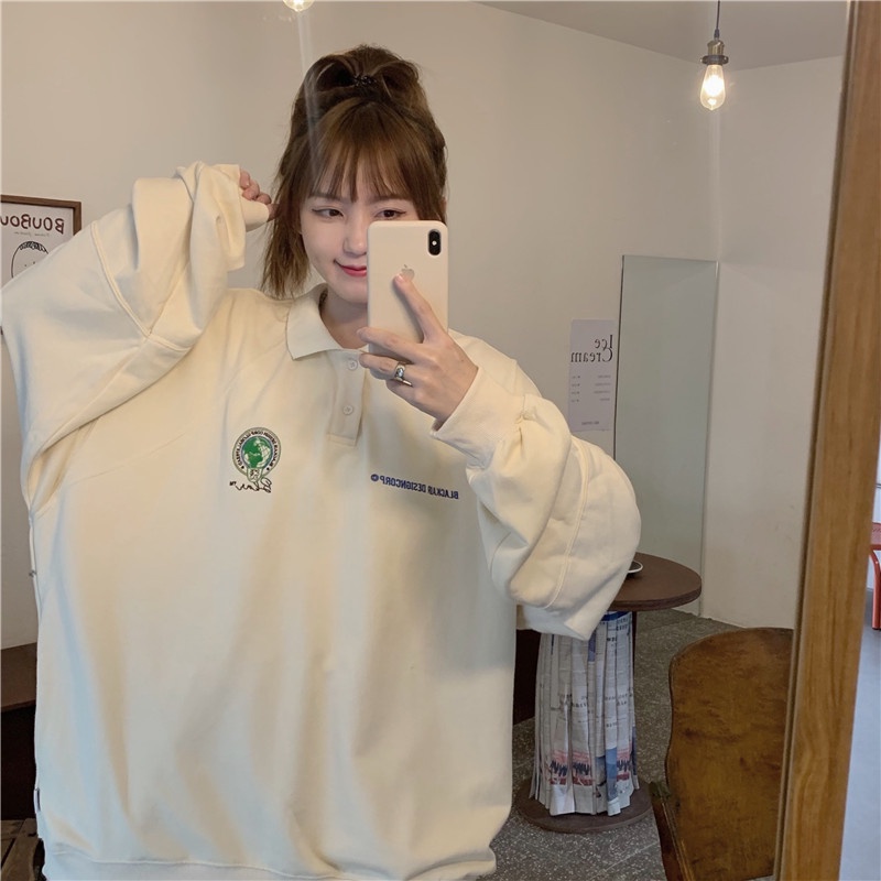 Áo sweater cổ polo dáng rộng thêu họa tiết thời trang mùa thu cho nữ | BigBuy360 - bigbuy360.vn