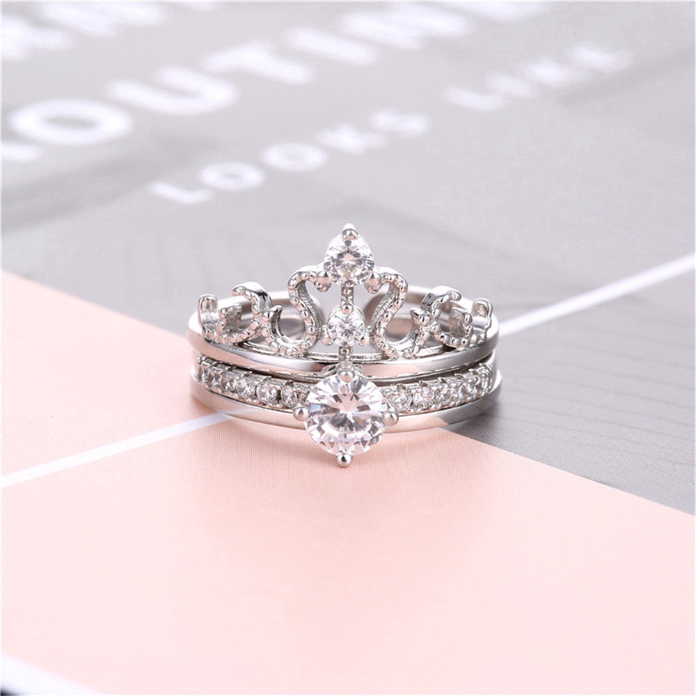 Set 2 nhẫn thiết kế kiểu vương miện đính đá xinh xắn cho nữ