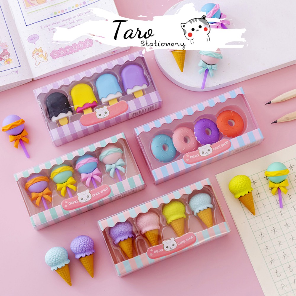 Set 4 cục gôm tẩy tạo hình kẹo mút Taro Stationery