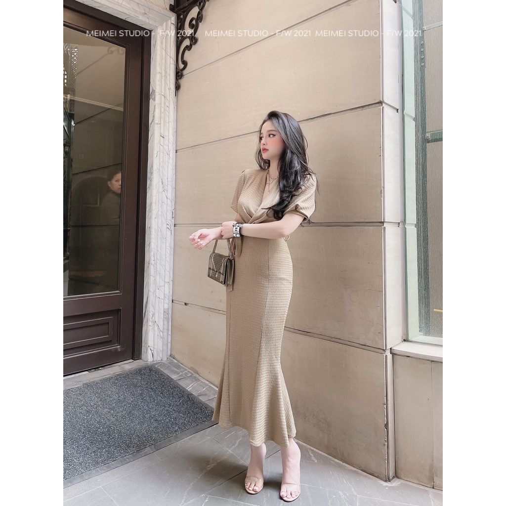 Đầm đuôi cá ELSA xốp nhăn tay bồng siêu háck dáng hai tông màu cực dễ lựa chọn