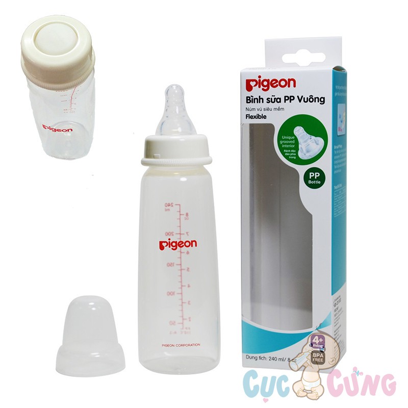 Bình sữa Pigeon nhựa PP cổ thường đáy vuông cao cấp 240ml phiên bản 2 chức năng (trữ sữa + bú)