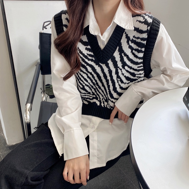 Áo dệt kim sát nách dáng rộng họa tiết ngựa vằn thời trang mùa thu