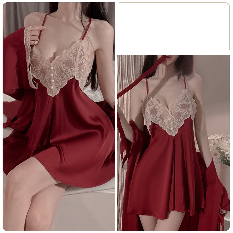 Set Váy Ngủ Lụa 2 Dây Gợi Cảm Kèm Áo Choàng Lụa Siêu Sang BS-1854