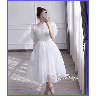 [HÀNG CÓ SẴN] Đầm, váy dự tiệc màu trắng dáng xòe đính nút bọc phong cách hàn quốc V100.