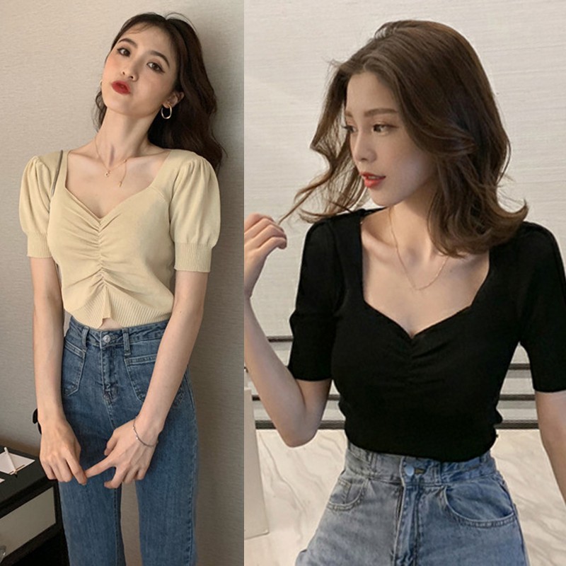 Women's Korean The Square Collar Pleated Short-Sleeved Sweater