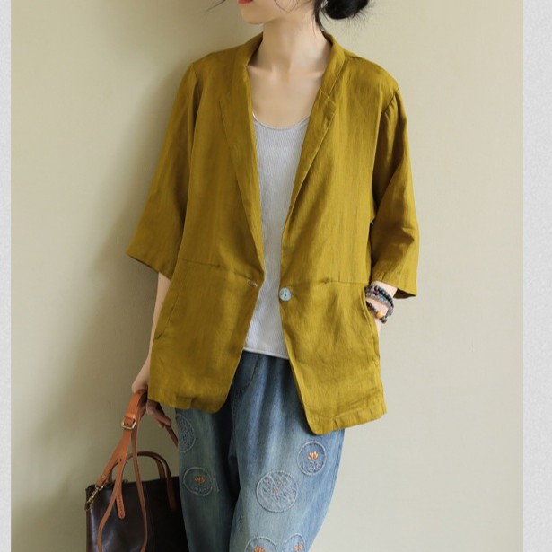 Áo vest balze linen dáng lửng tay lỡ 2 túi bên, chất vải linen tự nhiên, thời trang phong cách Nhật Bản
