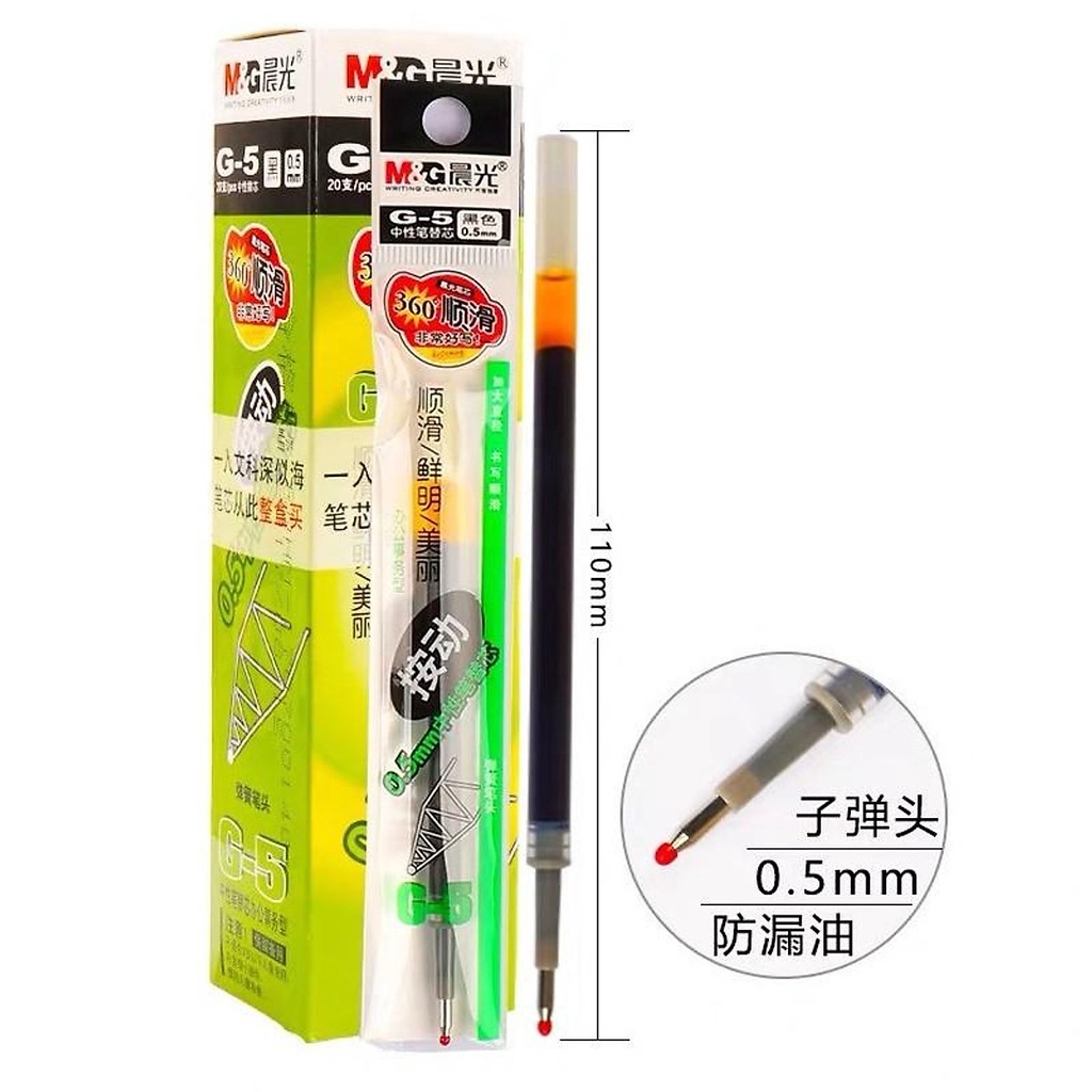 Lẻ 1c Ngòi bút bi nước, Ruột bút bi bấm gel M&G G-5 ngòi 0.5mm xanh, đen chính hãng