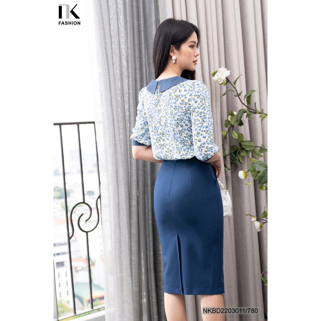Set Công Sở Áo Hoa Cổ Nơ Kết Hợp Chân Váy Bút Chì Xẻ Sau NK FASHION Chất Liệu Nhập Hàn Đơn Giản, Thanh Lịch NKBD2203011