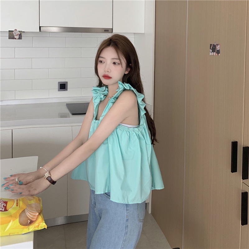 Áo croptop Xiaozhainv hai dây màu trơn thời trang mùa hè Hàn Quốc cho nữ