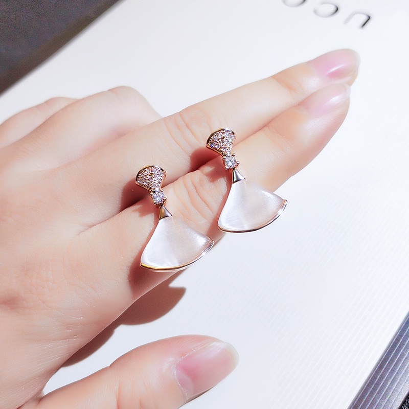 Khuyên tai JIUDUOLAN thiết kế kiểu quạt đính đá opal nhân tạo màu vàng/ bạc dễ phối đồ thời trang tinh tế