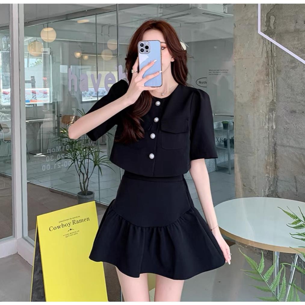 [ 𝐅𝐑𝐄𝐄 𝐒𝐇𝐈𝐏 ] SET CHÂN VÁY CROPTOP SƠ MI NẮP TÚI MIX CHÂN VÁY NGẮN XÒE