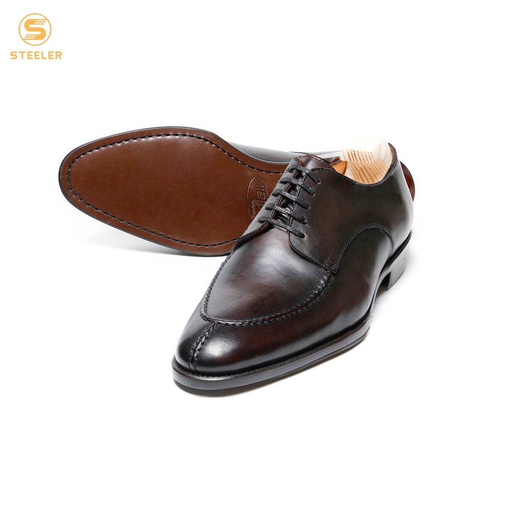 Giày Tây Cổ Thấp Nam Derby Split Toe Alain Nâu Đỏ Da Bò Cao Cấp Đế Gỗ Bọc Da - Thương Hiệu Alain Shoemaker