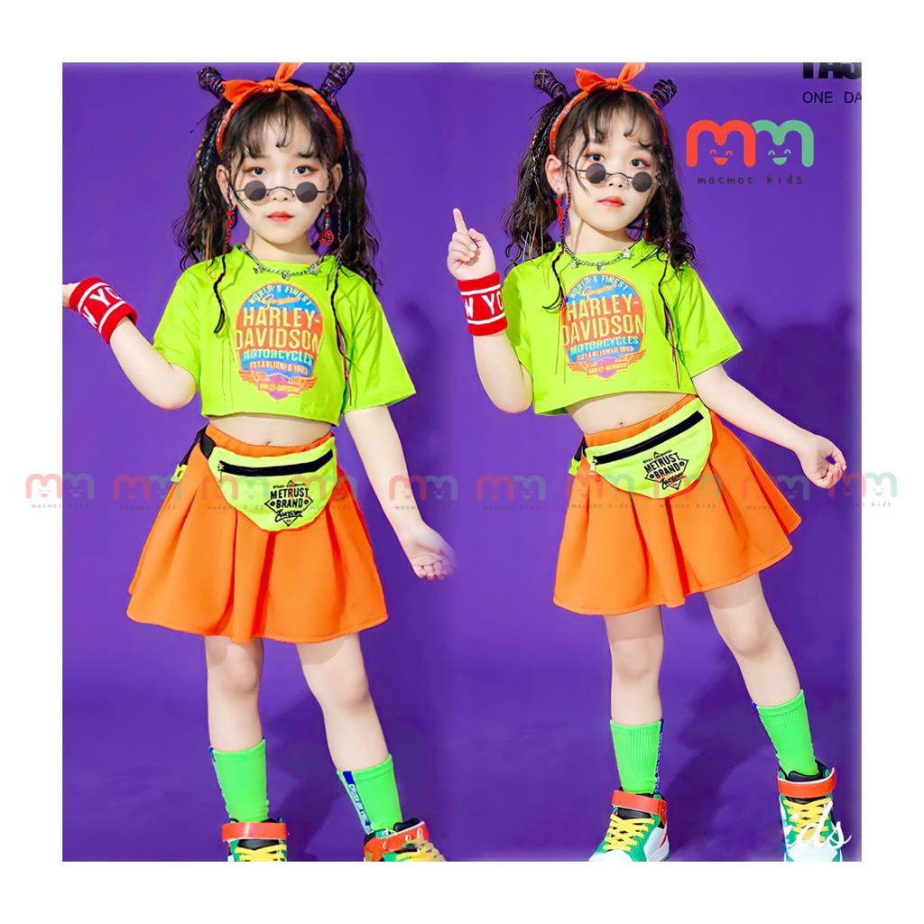 Set váy bé gái size đại tập nhảy cá tính áo croptop phối chân váy xếp ly xòe có chip trong thun cotton bé 8kg đến 40kg