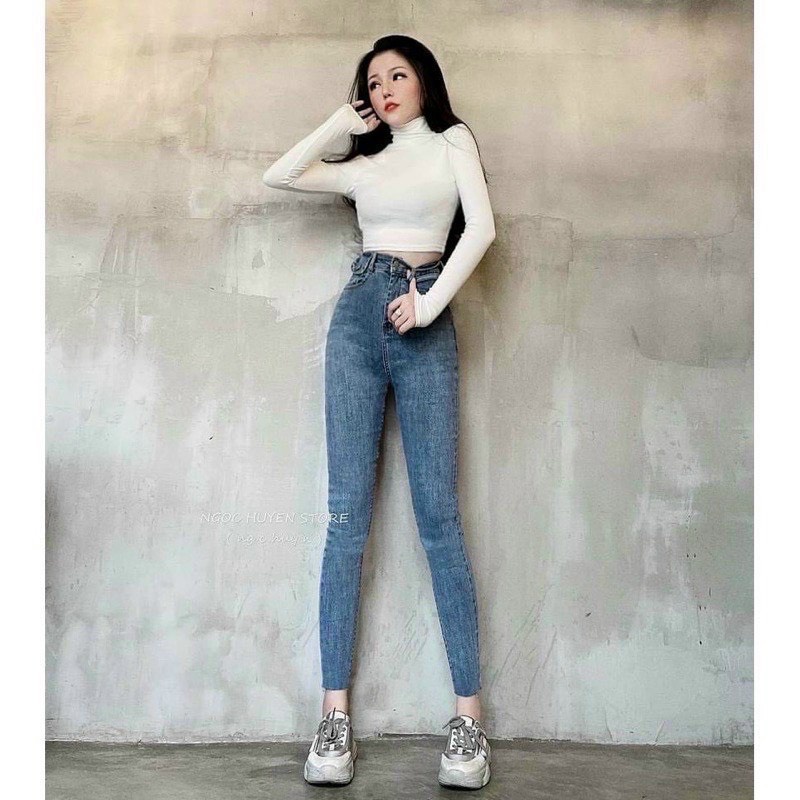 Quần Jean Nữ Lưng Cao Nắp Túi Co Giãn - Quần Bò Nữ Cạp Cao Dáng Ôm Nắp Túi Chất Jeans Đẹp Cao Cấp