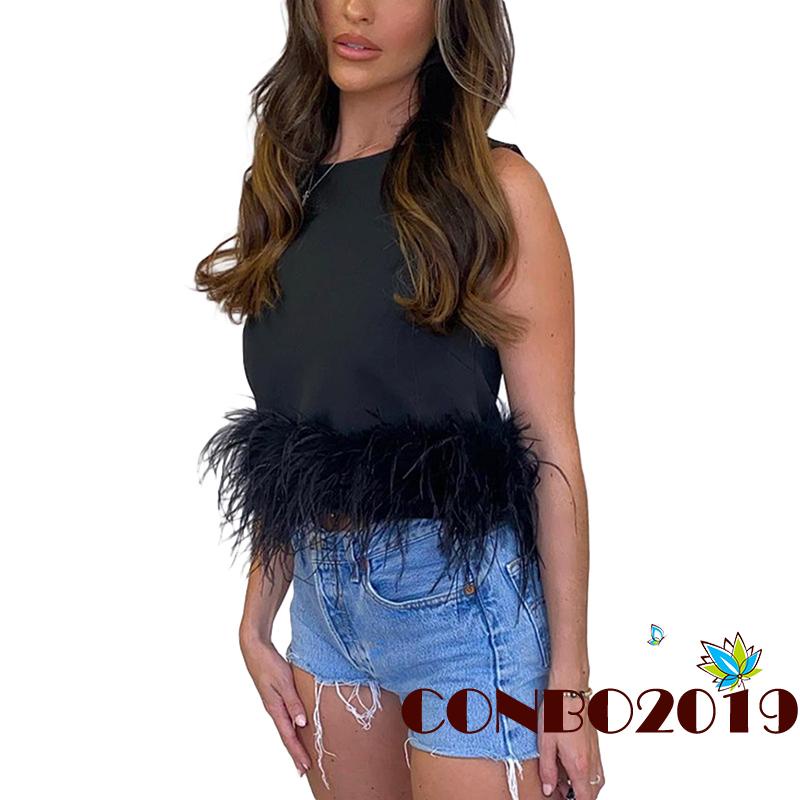 Áo Croptop Hai Dây Mùa Hè Dáng Ôm Viền Lông Vũ Màu Trơn Cho Nữ