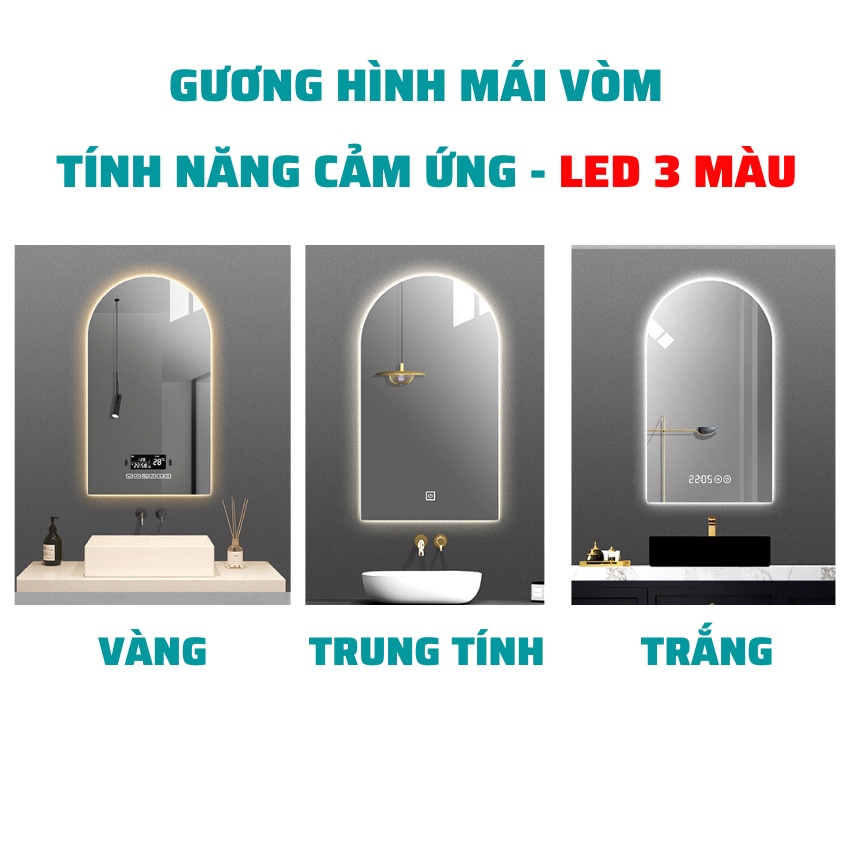 Gương cảm ứng đèn led treo tường gương mái mòm trang điểm makeup nhà tắm kích thước 50x75cm guonghoangkim BTiêuChuẩn