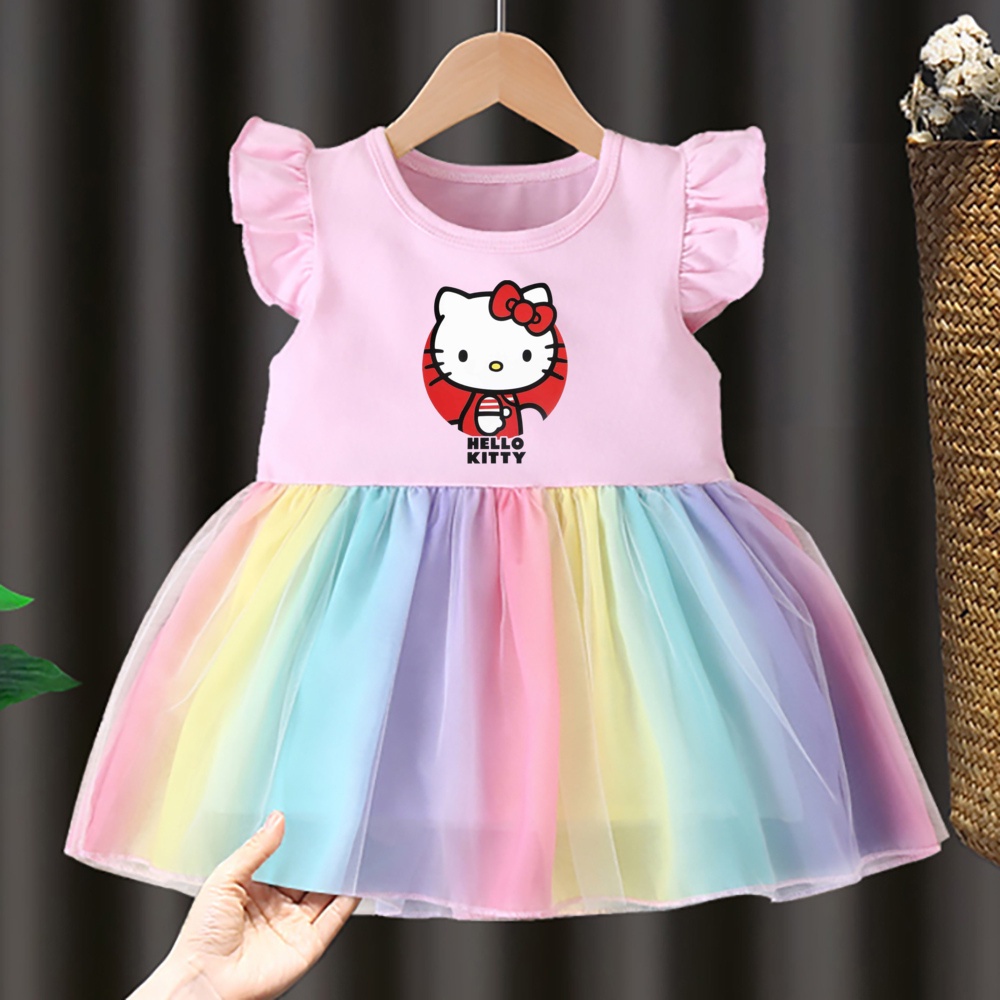 Đầm Xòe Công Chúa In Hình Mèo kitty Màu Cầu Vồng Dễ Thương Cho Bé Gái