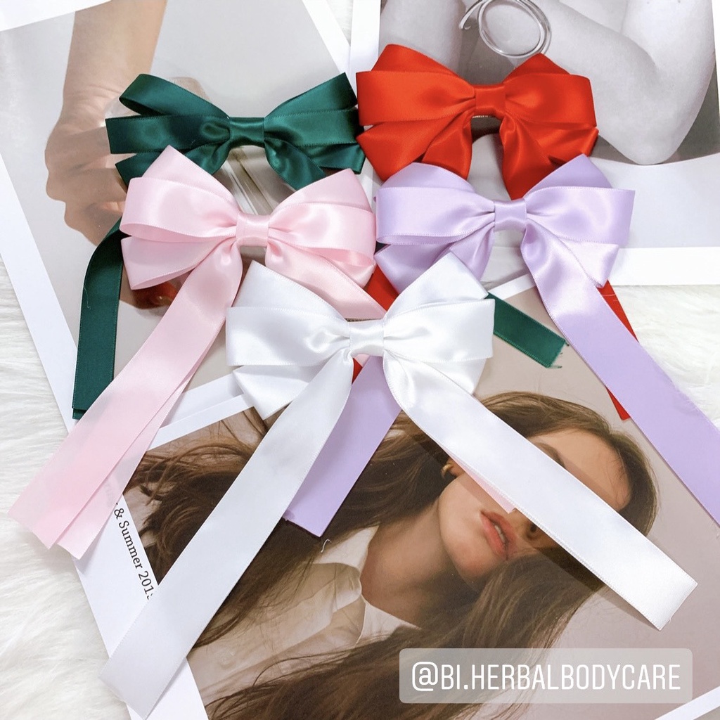 Kẹp nơ ruy băng vải lụa đuôi dài dễ thương phong cách Hàn Quốc dành cho bạn gái