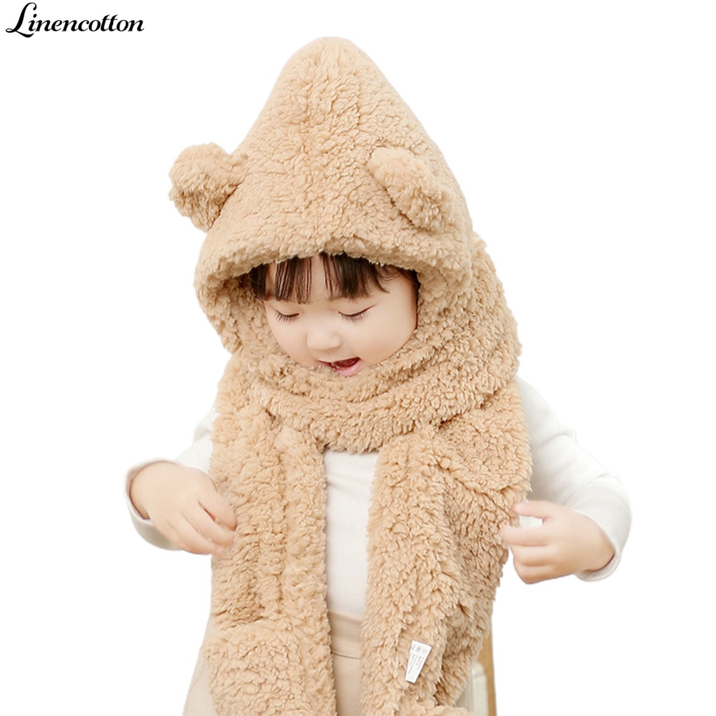 Nón kiêm khăn choàng cổ và găng tay bằng cotton lanh chống lạnh hình gấu dễ thương cho bé