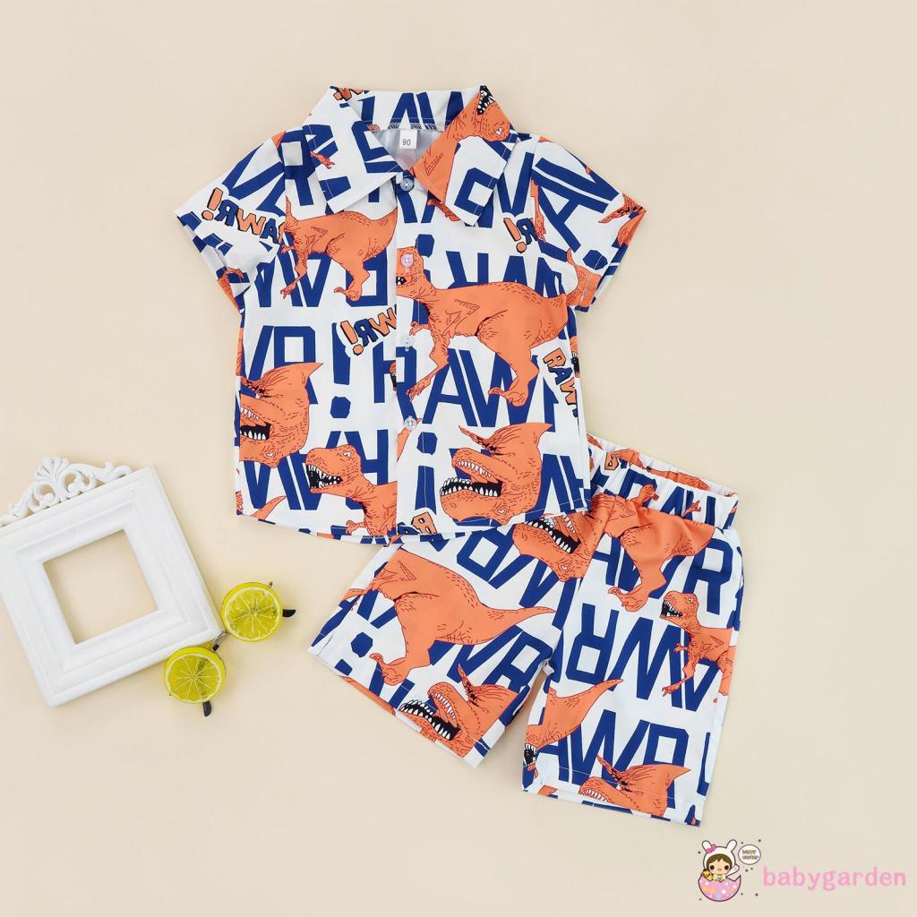 Bộ Áo Sơ Mi Cổ Bẻ In Chữ + Quần Short In Họa Tiết Khủng Long Phối Hàng Nút Thời Trang Mùa Hè Cho Bé Trai 2-7 Tuổi