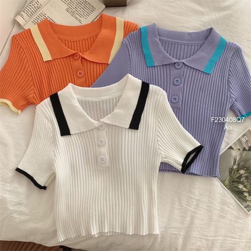 Áo len croptop cổ bẻ