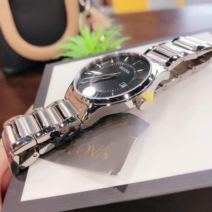 Đồng hồ nam Bulova 96B267  dây kim loại sliver, mặt đen, lịch ngày