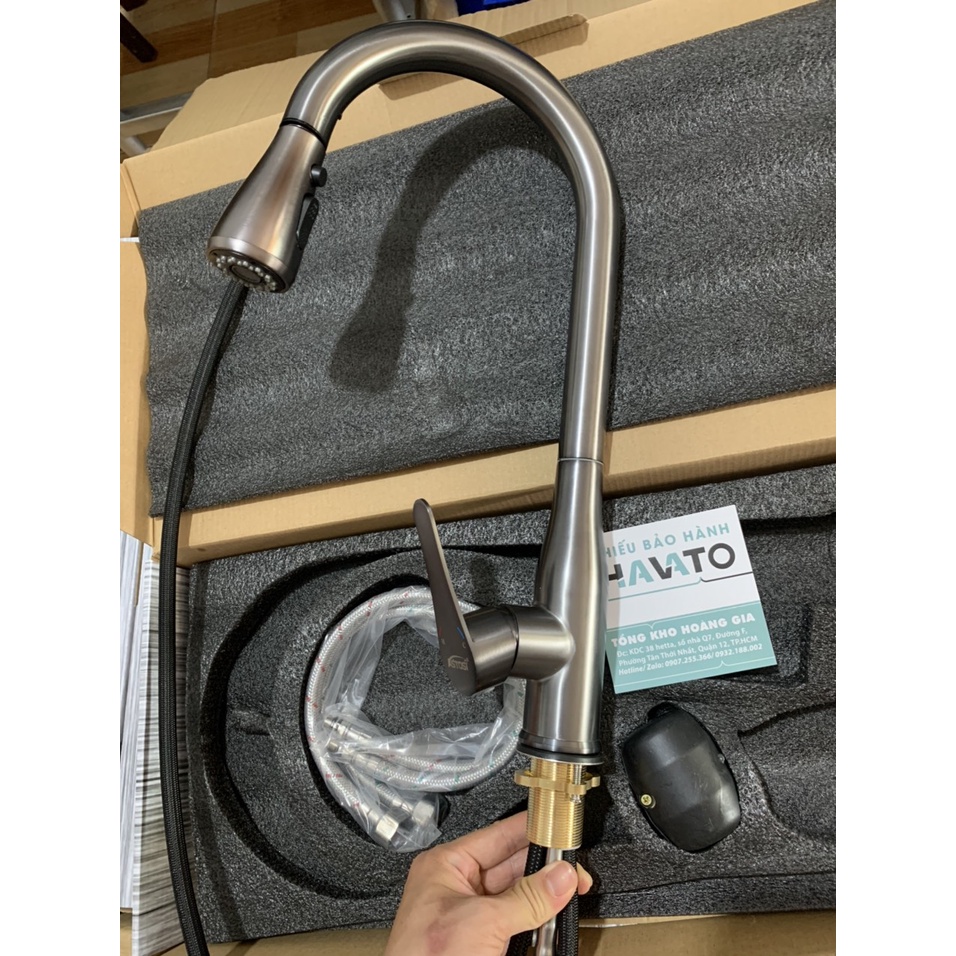 Vòi rửa chén bát dây rút Nóng Lạnh phủ Nano Xám chân đồng thau thân Cao