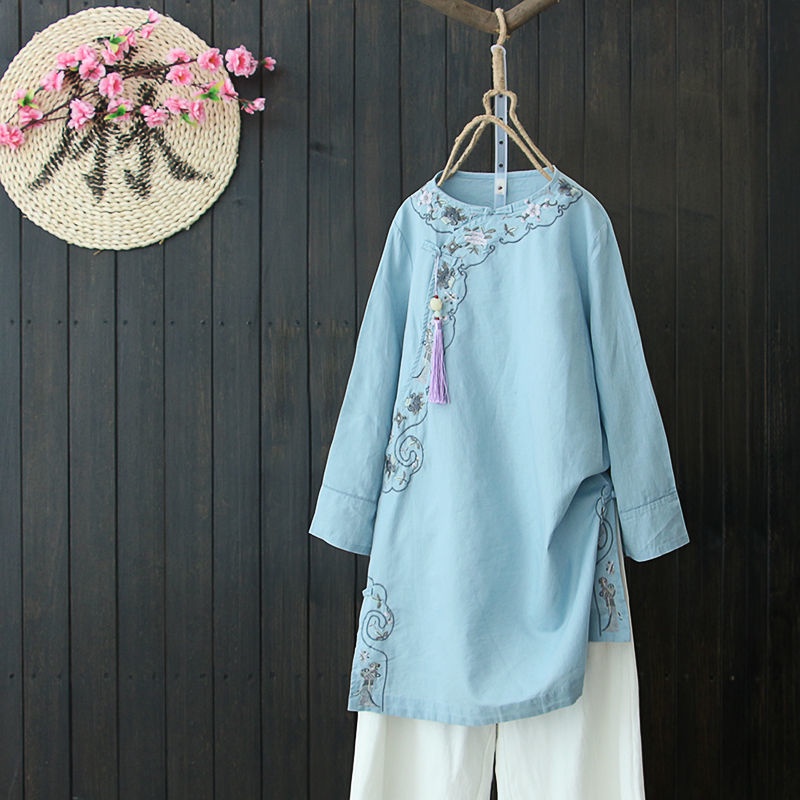 Set quần áo vải cotton lanh dài tay cổ tròn thêu họa tiết phong cách Trung Hoa cổ điển thời trang cho nữ