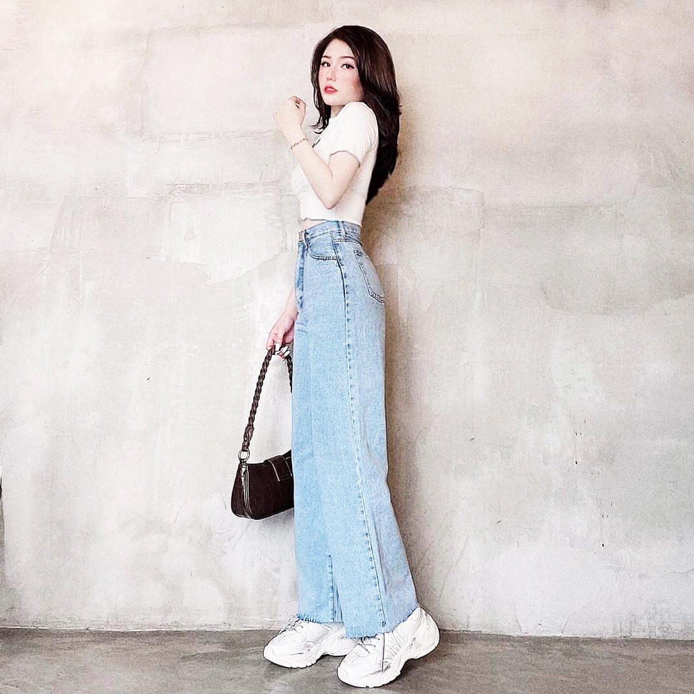 Quần baggy jeans nữ ống rộng SIMPLE JEAN tua lai dài 101cm QD040