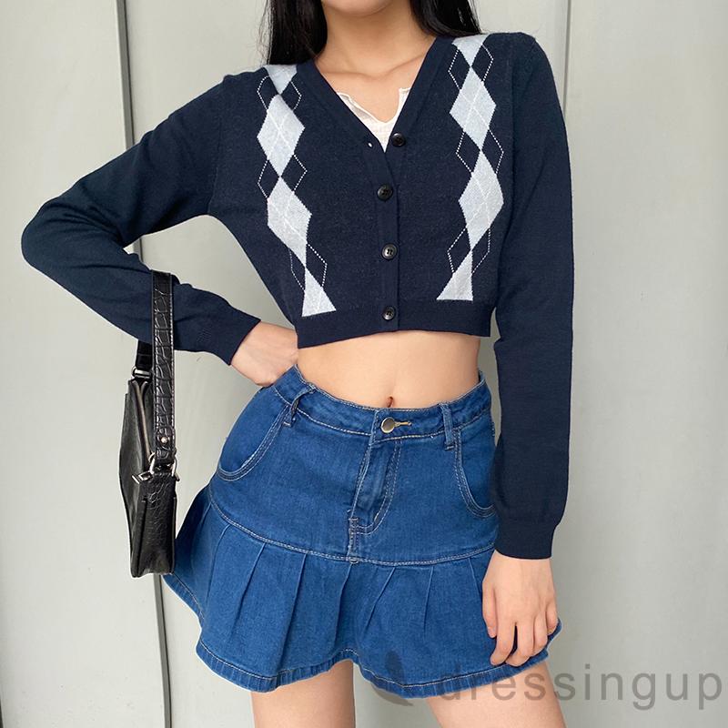 DRESSINGUP-Áo Sweater Dệt Kim Hoạ Tiết In Thiết Kế Cổ Chữ V Thời Trang Cho Nữ