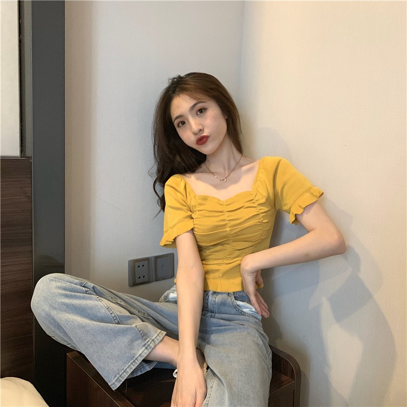 Áo cổ vuông rúm ngực chất len tăm co giãn Hàn Quốc, Áo peplum ulzzang nhún freesize điệu đà cực xinh tôn dáng | BigBuy360 - bigbuy360.vn