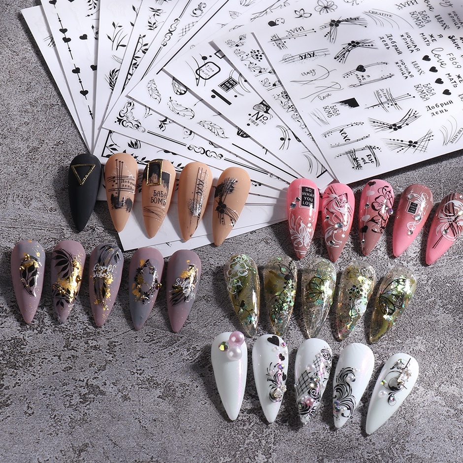 Miếng dán trang trí móng tay nghệ thuật STZPRONAIL kiểu dáng hoa lá 3D màu đen trắng thời trang xinh xắn