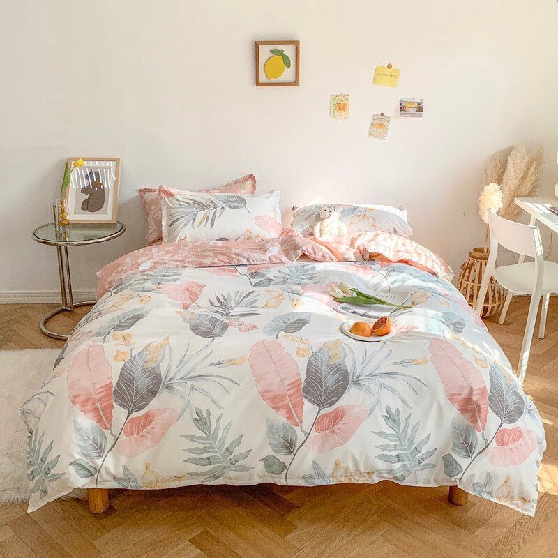 Bộ chăn ga gối 4 món Lá hồng cute cotton poly
