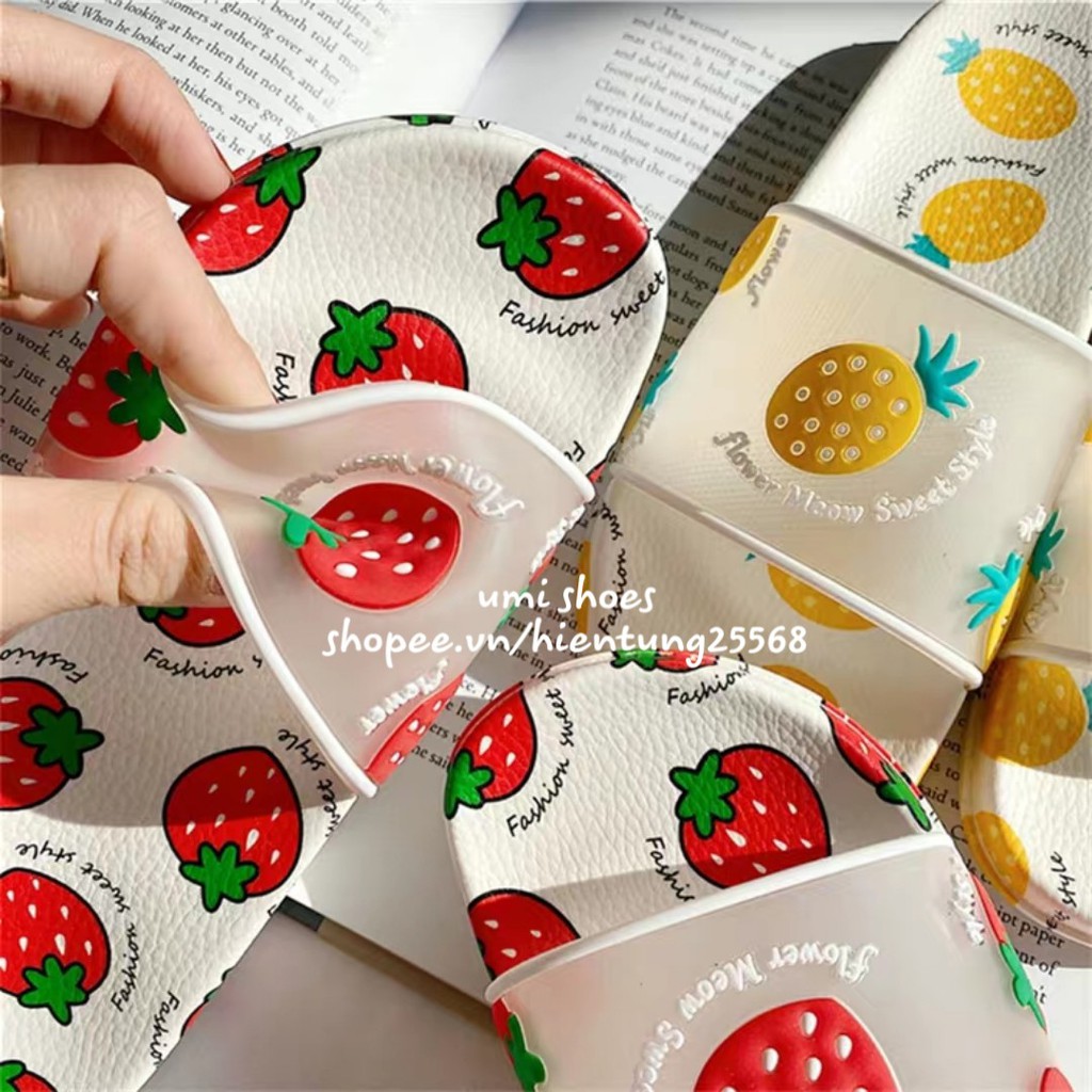 Dép hoa quả lê nữ quai trong hot trend 2020 đi biển đi mưa đi nhóm quả dâu/dứa/đào cute đẹp trẻ trung đế bằng umishoes | BigBuy360 - bigbuy360.vn