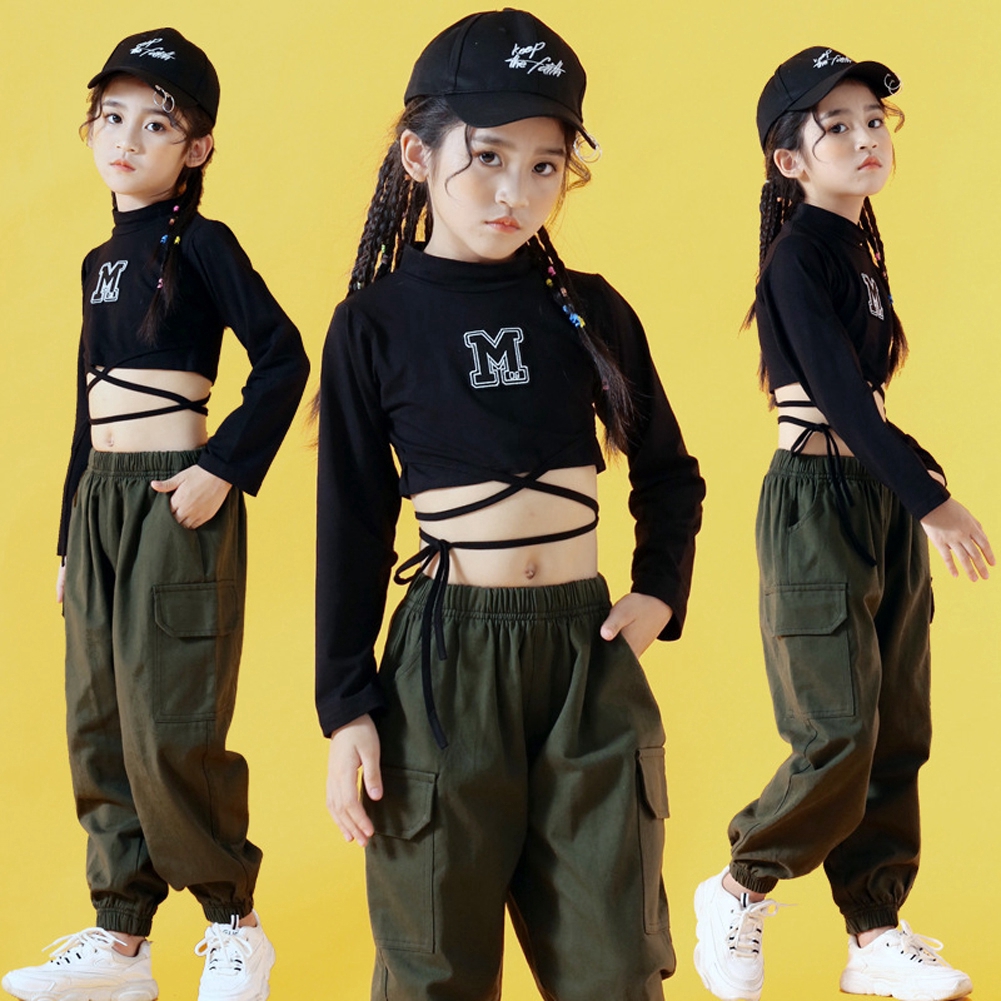 Bộ Áo Croptop Màu Đen + Quần Dài Phong Cách Jazz Hip Hop Thời Trang Biểu Diễn Cho Bé Gái