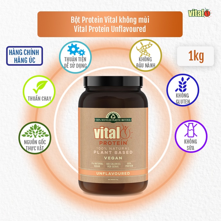 Bột Protein Thực Vật Vital 1kg Không Mùi - Thuần Chay, Hỗ Trợ Tạo Cơ, Phục Hồi Sau Tập, Giúp Giảm Cân, Giải Độc Gan