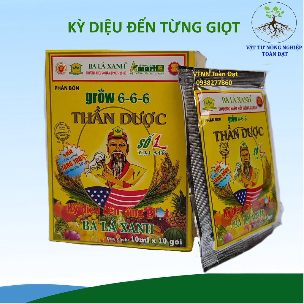 Phân bón lá đậm đặc Thần Dược Grow 6-6-6 10ml, ba lá xanh