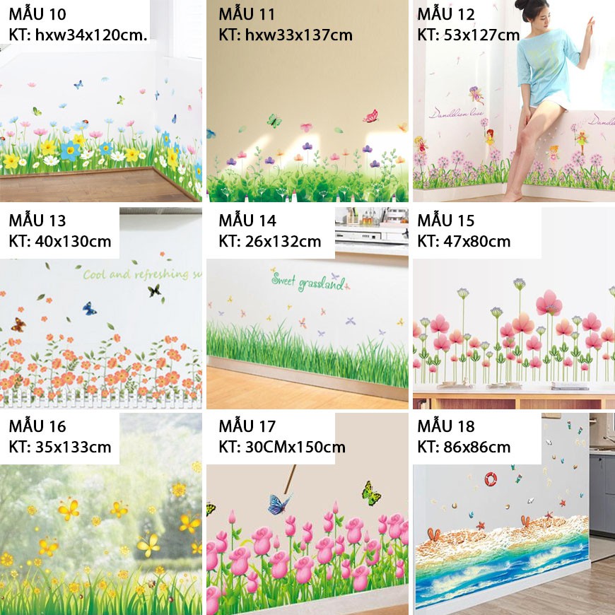 Decal giấy dán tường decal dán chân tường hoa nhiều màu sắc