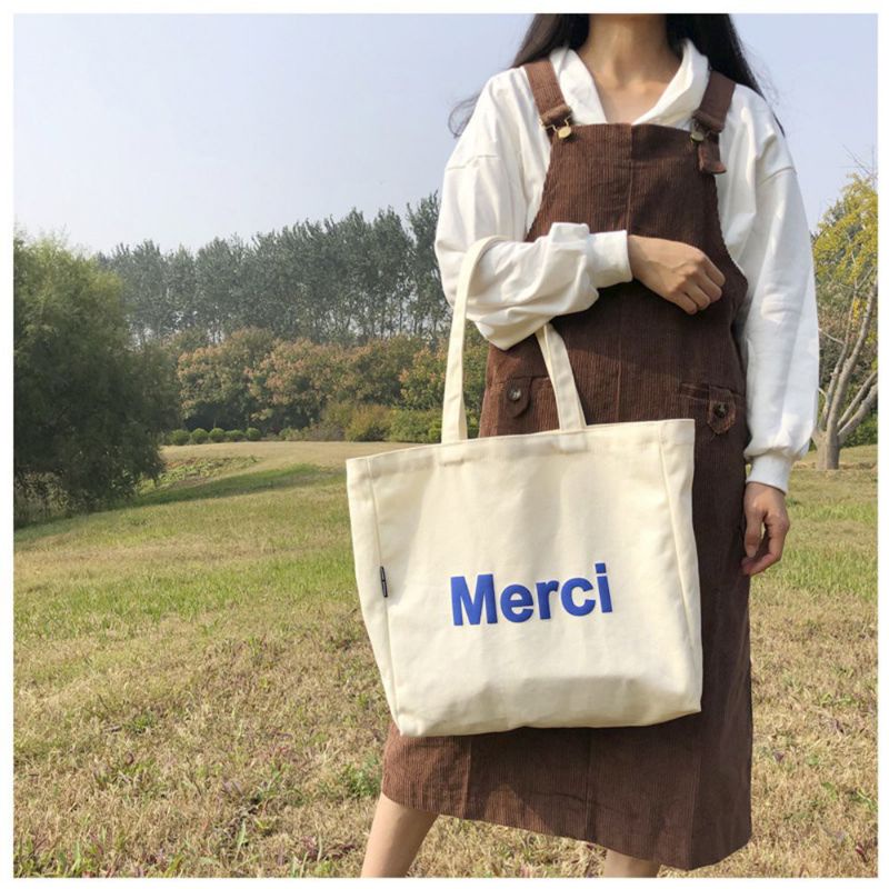 Túi tote vải vintage cao cấp MERCI( có khoá+ ngăn phụ)