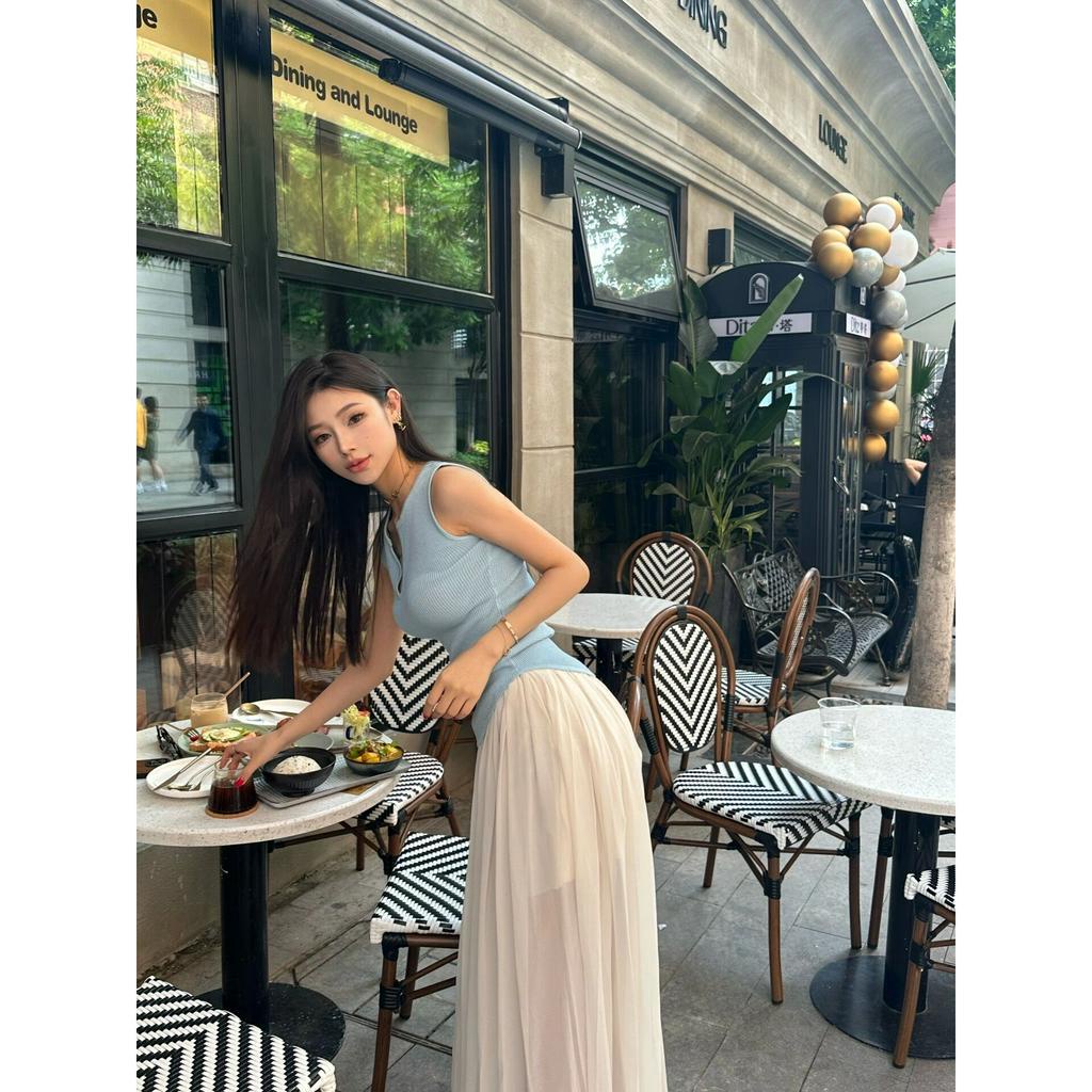 Áo Dệt Kim Sát Nách Cổ Chữ V Màu Xanh Dương Phong Cách Hong Kong Thời Trang Mùa Hè Cho Nữ