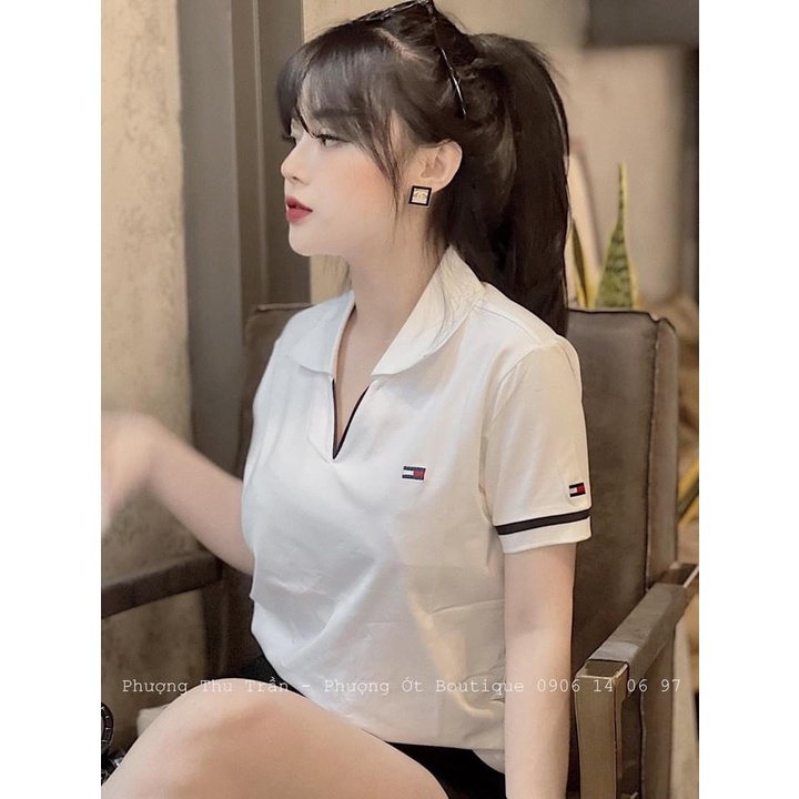 Áo polo trắng đen cổ V cho nữ .