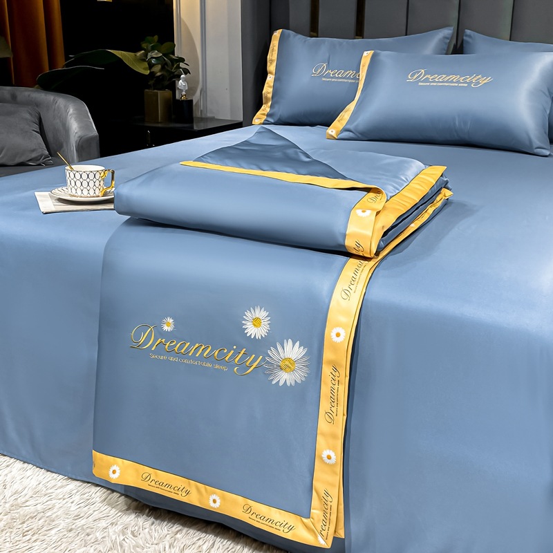 Spring and Summer New Simple and Light Luxury Embroidered Washed Silk Summer Quilt Four-Piece Set Smooth Cool Bedding Airable Cover